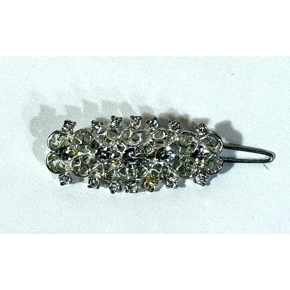 Vintage Silver Tone Rhinestone Hair Barrette Accessory Clip Retro Sparkle